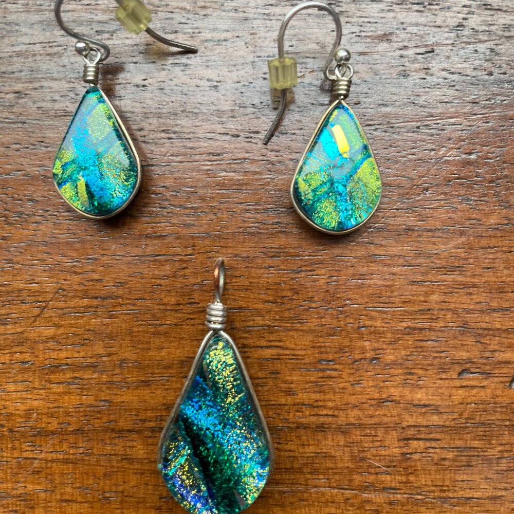 Shimmery Blue, Green and Gold Art Glass Dangle Earrings and Pendant